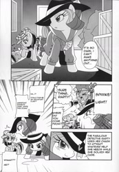 Size: 1048x1512 | Tagged: safe, artist:akira bano, derpibooru import, rainbow dash, rarity, spike, dragon, pegasus, pony, unicorn, comic:the great detective rarity, comic, detective rarity, doujin, japanese reading order, monochrome, translation