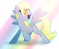 Size: 2250x1875 | Tagged: safe, artist:skaleigha, derpy hooves, pegasus, pony, abstract background, female, happy, mare, no pupils, open mouth, rainbow, raised hoof, smiling, solo, spread wings, wings