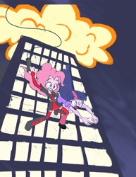 Size: 2550x3300 | Tagged: safe, artist:khuzang, derpibooru import, pinkie pie, twilight sparkle, equestria girls, action pose, city, cityscape, clothes, costume, deadpool, explosion, falling, marvel, pinkiepool