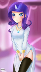 Size: 978x1738 | Tagged: safe, artist:vanillafox2035, rarity, human, boutique, clothes, dress, horned humanization, humanized, looking at you, multiple variants, side slit, solo, stockings