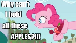 Size: 960x541 | Tagged: safe, edit, edited screencap, screencap, pinkie pie, earth pony, pony, baby cakes, apple, meme, why can't i hold all these x