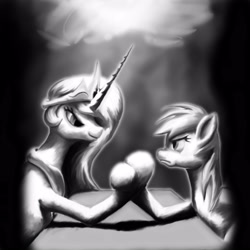 Size: 3000x3000 | Tagged: safe, artist:scayged, princess celestia, rainbow dash, alicorn, pegasus, pony, female, horn, mare, monochrome