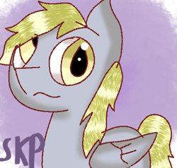 Size: 483x459 | Tagged: safe, artist:sketchpon, derpy hooves, pegasus, pony, blonde, blonde mane, blonde tail, female, golden eyes, gray coat, mare, simple background, wings