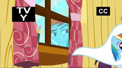 Size: 1279x722 | Tagged: safe, derpibooru import, screencap, rainbow dash, pegasus, pony, the washouts (episode), clubhouse, crusaders clubhouse, eavesdropping, faic, female, flag, mare, pencil, rainbow dash is best facemaker, solo, tv rating, tv-y