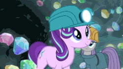 Size: 980x551 | Tagged: safe, screencap, maud pie, starlight glimmer, pony, rock solid friendship, animated, cave, cute, duo, female, gem, gem cave, helmet, mare, mining helmet, smiling, when she smiles