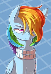 Size: 932x1336 | Tagged: safe, artist:saber-panda, derpibooru import, rainbow dash, pegasus, pony, clothes, female, mare, rainbow dash always dresses in style, scarf, solo, unamused