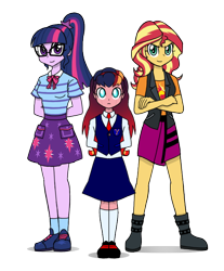 Size: 616x744 | Tagged: safe, artist:crydius, sci-twi, sunset shimmer, twilight sparkle, oc, oc:gamma, robot, equestria girls, android, clothes, crossed arms, family, female, glasses, lesbian, magical lesbian spawn, offspring, parent:sci-twi, parent:sunset shimmer, parents:scitwishimmer, scientific lesbian spawn, scitwishimmer, shipping, simple background, sunsetsparkle, transparent background, trio