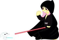 Size: 1024x697 | Tagged: safe, artist:up1ter, angel bunny, fluttershy, pegasus, pony, angry, bipedal, fluttersith, glare, gritted teeth, hoof hold, lightsaber, sad, simple background, sith, star wars, transparent background, vector