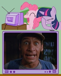 Size: 600x750 | Tagged: safe, derpibooru import, pinkie pie, twilight sparkle, earth pony, pony, ernest p. worrell, exploitable meme, facehoof, jim varney, meme, mixed reactions, obligatory pony, tv meme