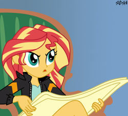 Size: 2000x1811 | Tagged: safe, artist:sunshi, sunset shimmer, equestria girls, annoyed, bottomless, clothes, female, jacket, leather jacket, open mouth, parody, partial nudity, solo, tom and jerry
