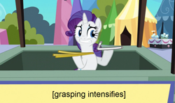 Size: 1037x615 | Tagged: safe, edit, edited screencap, screencap, rarity, pony, unicorn, caption, descriptive noise, frown, gritted teeth, hoof hold, meme, out of context, pun, solo, straw, visual pun, x intensifies
