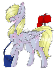 Size: 645x833 | Tagged: safe, artist:twinkepaint, derpy hooves, pegasus, pony, blushing, chest fluff, eyes closed, female, letter, mail, mailbag, mailbox, mailmare, mare, mouth hold, raised hoof, simple background, solo, transparent background