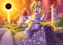 Size: 4666x3333 | Tagged: safe, artist:generalecchi, derpy hooves, pegasus, pony, absurd resolution, bass guitar, black hole sun, grunge, guitar, imminent death, musical instrument, playing, scenery, sitting, solo, song reference, soundgarden, tower, town, wall, windmill, wingless