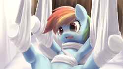 Size: 1000x568 | Tagged: safe, artist:apricolor, derpibooru import, rainbow dash, pegasus, pony, rainbow falls, armpits, bandage, bed, feignbow dash, hospital, medical bondage, pretending, scene interpretation, solo