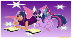 Size: 2250x1200 | Tagged: safe, artist:silver-fox17, derpibooru import, twilight sparkle, twilight sparkle (alicorn), alicorn, human, book, human ponidox, humanized, necklace, reading