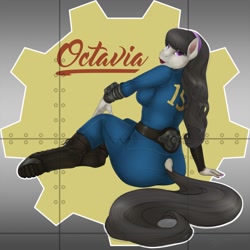 Size: 1280x1280 | Tagged: safe, artist:phathusa, artist:sirhcx, octavia melody, anthro, earth pony, unguligrade anthro, fallout equestria, bedroom eyes, boots, breasts, clothes, colored pupils, dock, ear fluff, fallout, female, hairband, hoof boots, lipstick, looking at you, looking back, makeup, pinup, pipboy, pipbuck, pose, sexy, solo, treblebutt, vault suit, wide hips