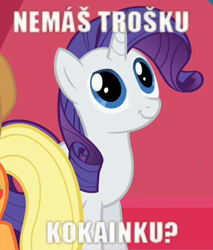 Size: 340x400 | Tagged: safe, rarity, pony, unicorn, animation error, cocaine, image macro, meme, slovak, translated in the comments