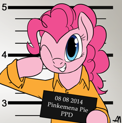 Size: 1321x1335 | Tagged: safe, artist:bananimationofficial, pinkie pie, earth pony, pony, mugshot, prison outfit, prisoner pp, solo, wink