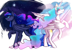 Size: 1280x889 | Tagged: safe, artist:catzino, princess celestia, princess luna, alicorn, pony, crepuscular rays, day, duality, female, mare, night, night sky, raised hoof, rearing, royal sisters, siblings, sisters, smiling, stars