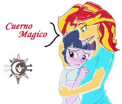 Size: 720x612 | Tagged: safe, artist:strokeskuu, edit, sunset shimmer, twilight sparkle, equestria girls, alternate costumes, blushing, cropped, cute, female, height difference, horn, hug, lesbian, shipping, smiling, spanish, sunsetsparkle, twiabetes