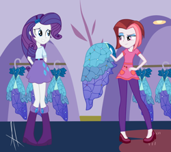 Size: 1024x910 | Tagged: dead source, safe, artist:angelitus01, cayenne, rarity, canterlot boutique, equestria girls, clothes, dress, equestria girls interpretation, equestria girls-ified, hand on hip, hands behind back, looking at each other, princess dress, scene interpretation, skirt