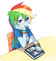 Size: 544x600 | Tagged: dead source, safe, artist:baekgup, derpibooru import, daring do, rainbow dash, equestria girls, rainbow rocks, blushing, book, chair, clothes, embarrassed, female, looking at you, open mouth, simple background, sitting, solo, sweatdrop, table, white background, wristband