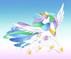 Size: 1200x1000 | Tagged: safe, artist:shimizu, princess celestia, alicorn, pony, female, horn, mare, multicolored mane, pixiv, solo, white coat