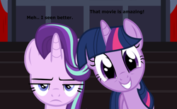 Size: 1164x721 | Tagged: safe, artist:davidsfire, artist:frownfactory, artist:nukarulesthehouse1, starlight glimmer, twilight sparkle, pony, caption, cinema, cute face, funny, happy, image macro, opinion, starlight is not amused, text, unamused, vector