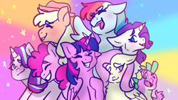 Size: 1920x1080 | Tagged: safe, artist:moodledoodlee, applejack, fluttershy, pinkie pie, rainbow dash, rarity, spike, starlight glimmer, twilight sparkle, twilight sparkle (alicorn), alicorn, dragon, earth pony, pegasus, pony, unicorn, abstract background, applejack's hat, baby, baby dragon, blushing, chest fluff, cowboy hat, cute, dashabetes, diapinkes, digital art, eyebrows visible through hair, eyes closed, female, folded wings, glimmerbetes, happy, hat, male, mane seven, mane six, mare, one eye closed, open mouth, profile, rainbow, rainbow background, raribetes, shyabetes, smiling, spikabetes, spread wings, twiabetes, wings, wink