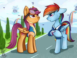 Size: 2835x2126 | Tagged: safe, artist:php97, derpibooru import, rainbow dash, scootaloo, pegasus, pony, academy record, clothes, duo, female, goggles, mare, older, older scootaloo, uniform, watch, whistle, wonderbolt trainee uniform, wonderbolts dress uniform
