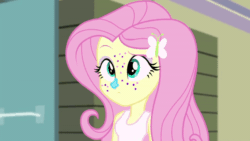 Size: 900x506 | Tagged: safe, screencap, fluttershy, equestria girls, rainbow rocks, animated, cute, frown, glitter, open mouth, raised eyebrow, shyabetes, smiling, solo, talking