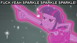 Size: 640x360 | Tagged: safe, derpibooru import, edit, edited screencap, screencap, twilight sparkle, equestria girls, caption, fuck yeah, image macro, nostalgia critic, pointing, pun, reaction image, solo, sparkle sparkle sparkle, sparkles, thomas and the magic railroad, visual pun, vulgar