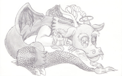 Size: 1024x643 | Tagged: safe, artist:inurantchan, discord, fluttershy, pegasus, pony, monochrome, plushie, traditional art