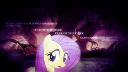 Size: 1920x1080 | Tagged: safe, artist:tzolkine, fluttershy, pegasus, pony, dark, everfree forest, fear of the dark, iron maiden, lyrics, song reference, vector, wallpaper
