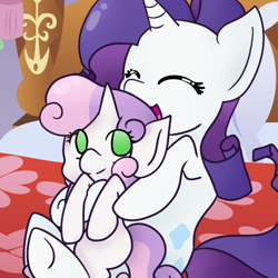 Size: 500x500 | Tagged: safe, artist:wisheslotus, rarity, sweetie belle, pony, unicorn, bed, cuddling, cute, duo, eyes closed, female, filly, hug, mare, pillow, sisters, smiling, snuggling, underhoof