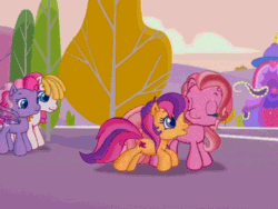 Size: 640x480 | Tagged: safe, screencap, pinkie pie, scootaloo, starsong, toola roola, earth pony, pony, g3, g3.5, twinkle wish adventure, animated, running