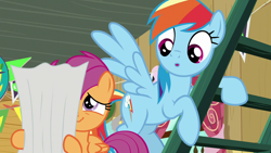 Size: 1280x720 | Tagged: safe, derpibooru import, screencap, rainbow dash, scootaloo, pegasus, pony, the washouts (episode), :o, duo, female, filly, foal, mare, open mouth