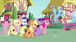 Size: 1280x720 | Tagged: safe, derpibooru import, screencap, applejack, fluttershy, pinkie pie, rainbow dash, rarity, twilight sparkle, twilight sparkle (alicorn), alicorn, earth pony, pegasus, pony, unicorn, the washouts (episode), female, flying, mane six, mare