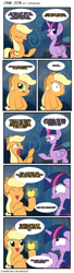 Size: 1150x4200 | Tagged: safe, artist:thebrokencog, applejack, twilight sparkle, twilight sparkle (alicorn), alicorn, earth pony, pony, leap of faith, :d, :p, apple of discord, applejack lost or spent the bit, comic, female, floppy ears, golden apple, mare, messy mane, neon's bit, now you fucked up, smiling, surprised, what were you thinking, wide eyes, you had one job