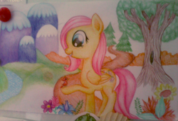 Size: 1000x682 | Tagged: safe, artist:nunitko, fluttershy, bird, pegasus, pony, flower, mountain, solo, traditional art, tree