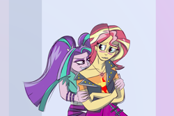 Size: 3000x2000 | Tagged: safe, artist:ms-mikail, aria blaze, sunset shimmer, equestria girls, color, female, geode of empathy, lesbian, lip bite, magical geodes, neck biting, shipping, sunblaze