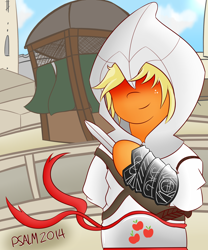 Size: 2500x3000 | Tagged: safe, artist:psalmie, applejack, earth pony, pony, armor, assassin, assassin's creed, freckles, hidden eyes, solo, weapon