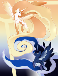 Size: 1024x1325 | Tagged: safe, artist:kmwolf, princess celestia, princess luna, alicorn, pony, flying, impossibly long hair, impossibly long tail, long mane, long tail, rainbow power, rainbow power-ified