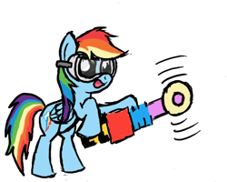 Size: 1200x960 | Tagged: safe, artist:mindofnoodles, derpibooru import, rainbow dash, pegasus, pony, goggles, japan break industries, saw, simple background, solo, transparent background, youtube link