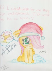 Size: 2550x3507 | Tagged: dead source, safe, artist:angelicprincess653, fluttershy, pegasus, pony, christmas, cute, filly, floppy ears, fluttertree, hat, heart, imagining, santa hat, sitting, smiling, solo, thought bubble, traditional art