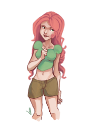 Size: 600x778 | Tagged: safe, artist:dashleigh, fluttershy, human, belly button, clothes, humanized, midriff, pixiv, shorts, solo