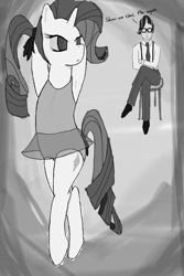 Size: 1744x2614 | Tagged: safe, artist:jonathan the awesome, derpibooru exclusive, rarity, oc, oc:jona clay, human, armpits, ballet, blood, dancing, female, filly, filly rarity, horned humanization, humanized, implied foalcon, leotard, monochrome, nosebleed