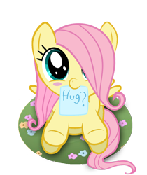 Size: 900x1070 | Tagged: dead source, safe, artist:whitecloud72988, fluttershy, pegasus, pony, blush sticker, blushing, bronybait, cute, daaaaaaaaaaaw, filly, foal, hair over one eye, hnnng, hug, hug request, looking at you, mouth hold, shyabetes, sign, simple background, smiling, solo, transparent background