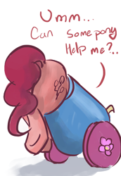 Size: 700x1017 | Tagged: artist needed, safe, pinkie pie, earth pony, pony, buttstuck, dialogue, drawthread, party cannon, plot, pony cannonball, stuck