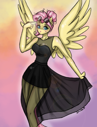 Size: 700x916 | Tagged: safe, artist:smisa, fluttershy, anthro, clothes, dress, solo, sunglasses